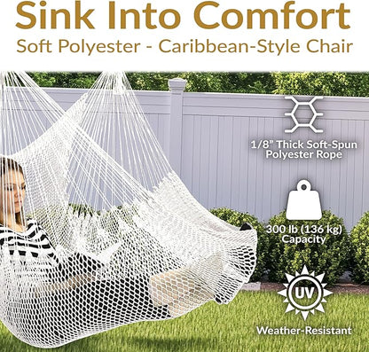 Sunnydaze Outdoor Hammock Chair Swing - Hanging Hammock Swing - Hanging Reading Chair - Soft-Spun Polyester Rope - Caribbean XL - Tan