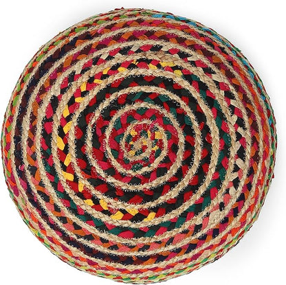 REDEARTH · Round Pouf Ottoman - Braided Boho Poof Home Décor Pouffe Accent Sitting Circular Foot Rest for Living Room, Bedroom, Nursery, Kidsroom, Lounge; Jute and Cotton (19.5"X19.5"X14"; Multi)