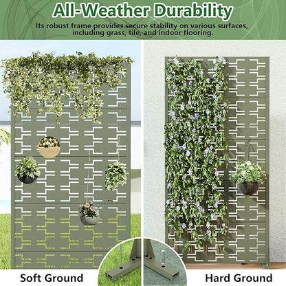 Casaphoria Metal Privacy Screen Outdoor, 60" x 30" W Freestanding Decorative Privacy Screen for Patio Deck Balcony Garden with Stable Base, Green-Brick