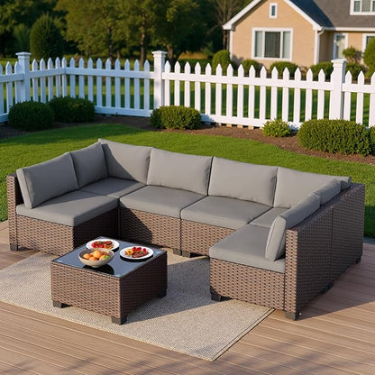 7 Pieces Outdoor Patio Furniture Set, PE Rattan Outdoor Wicker Sectional Furniture Sofa Set, with Cushions and Glass Coffee Table, for Balcony, Porch, Garden, Grey