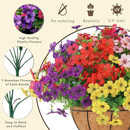 Senjie 2 Set Artificial Hanging Flowers with Basket for Outdoor Decor, UV Resistant 24 Bundles Faux Flowers Fake Hanging Planter for Porch Patio Balcony