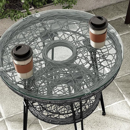 Furniture of America Ysar Boho 19-inch Round Coffee Table Outdoor with Tempered Glass Top and Metal Frame, Handcrafted Coastal Furniture for Patio, Poolside, Garden, Yard, Black