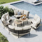 MFSTUDIO Patio Furniture Set, 8 Seats Half-Moon Curved Outdoor Sectional Sofa Conversation Set, Woven Rattan Patio Couch with 2 Wood-Like Round Coffee Table