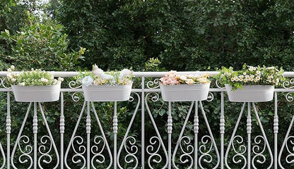 Dahey 4 Pcs Metal Iron Hanging Flower Pots for Railing Fence 15.7 Inch Hanging Bucket Pots Countryside Style Window Flower Plant Holder with Detachable Hooks for Garden Yard Home Decor, White