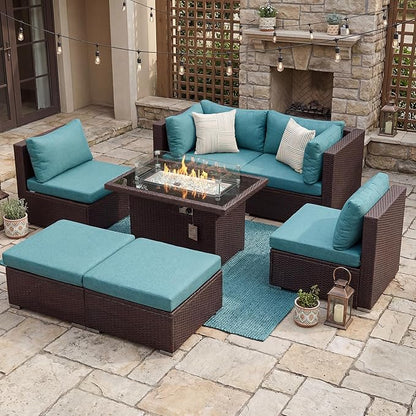 NICESOUL 7 Piece Patio Furniture Set with Natural Gas/Propane Firepit, 29.3'' High Back Comfy Outdoor Conversation Sofa Sets, Deep Seat Sectional Couch for Heavy Weight, Brown Rattan and Teal Cushion