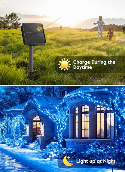 Minetom Solar String Lights for Outside, 33Ft 100 LED Outdoor Solar Fairy Lights, 8 Modes Balcony Lights for Tree Patio Christmas Party Wedding Decor (Blue)
