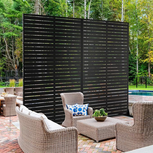 Decorative Privacy Fence Screen, Black Louvered Metal, 5 Panels