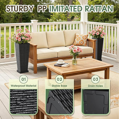 Set of 2 24 Inch Tall Plastic Planters with Drainage Saucers, Rattan Pattern UV Resistant Indoor Outdoor Flower Pots for Patio Garden Balcony Decor, Black
