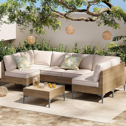 7-Piece Patio Furniture Set, Outdoor Wicker Sectional Sofa with Coffee Table, Anti-Slip & Thick All-Weather Cushions for Party,Garden,Backyard, Beige