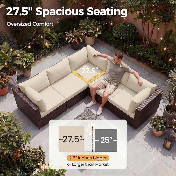 NICESOUL 29.3'' High Back Outdoor Patio Sectional Furniture with Firepit Table Natural Gas & Propane Convertible, 8 Seater Deep Wide Modern Couch, Extra Large Wicker Conversations for Backyard, Brown