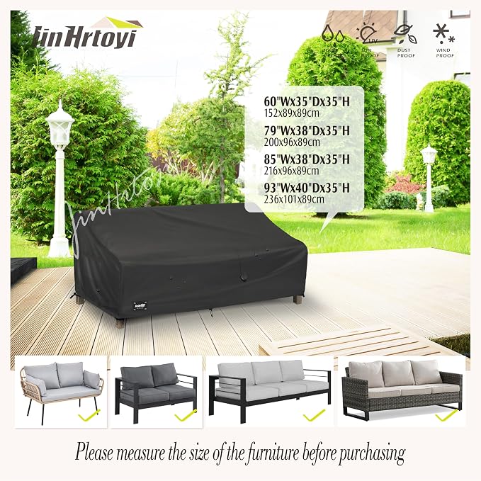 Outdoor Sofa Cover, Black Waterproof 600D Oxford for 3-Seater Couch