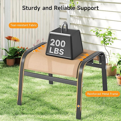 ONBRILL Outdoor Ottoman Set of 2, All Weather Outdoor Foot Stool with Supportive Textliene and Metal Frame, Stackable Oversized Outdoor Foot Rest for Furniture Patio Garden Pool, Beige