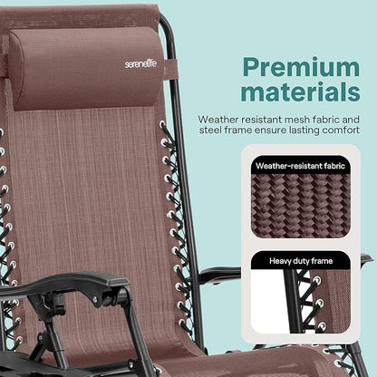 SereneLife Outdoor Zero Gravity Lounge Chair Set with Table – 2 Adjustable Recliners with Cup Holders, Headrest, Steel Frame & Foldable Design for Patio, Pool, Garden, or Camping