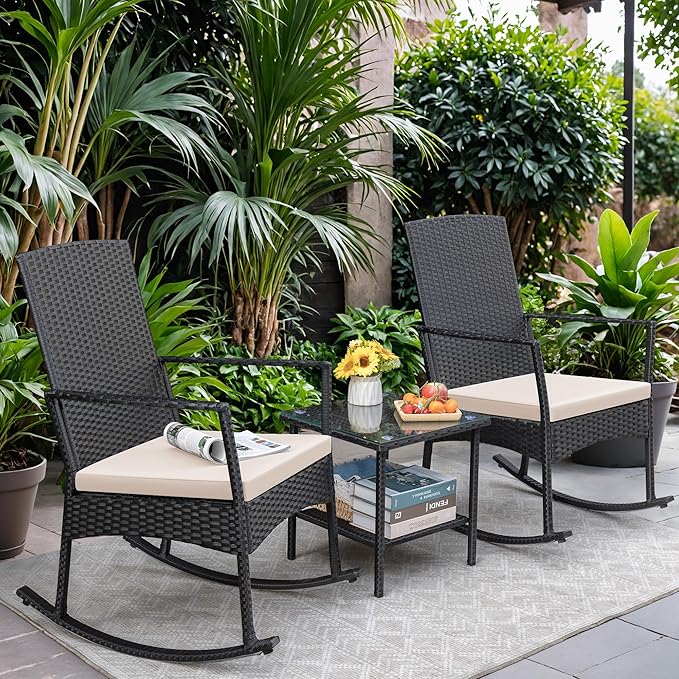 Conversation Set Outdoor Rattan Rocking Chairs with Coffee Table, Beige