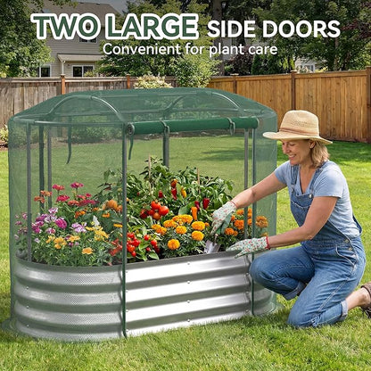Raised Garden Bed with Self-Watering System, 4x2x1 ft Elevated Planter Boxes Outdoor with Mesh Cover, Oval Galvanized Raised Beds for Gardening,Vegetables,Flowers, Backyard, Patio