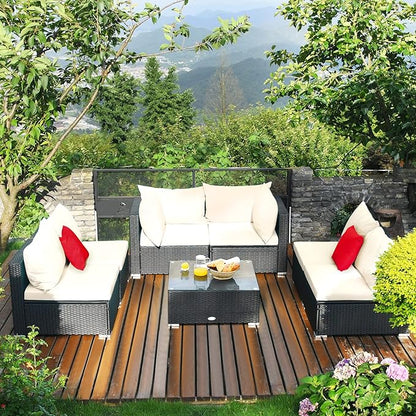 Tangkula 7-Piece Patio Furniture Set, Outdoor Sectional Sofa w/Pillows & Cushions, Wicker Conversation Set with Coffee Table & Tea Table for Garden & Lawn (Beige)