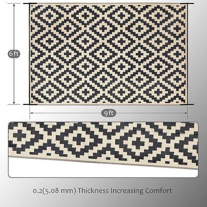SAND MINE Reversible Mats, Plastic Straw Rug, Modern Area Rug, Large Floor Mat and Rug for Outdoors, RV, Patio, Backyard, Deck, Picnic, Beach, Trailer, Camping, Black & Beige, 6' x 9'