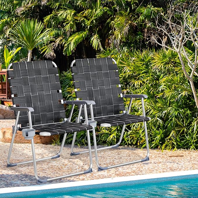 Patio Dining Chairs, Black Aluminum Folding Set of 2