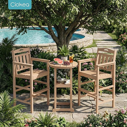 Ciokea 3-Pcs Bistro Table and Chairs, All-Weather Round High Top Bar Table with Storage Shelf and 2 Oversized Adirondack Chairs, Heavy Duty Outdoor Bar Set Patio Bistro Set for Balcony Deck, Teak