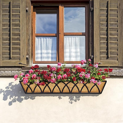 30 Inch Window Deck with Coco Liner Set of 4, 30" Window Boxes Horse Trough with Coconut Coir Liner, Metal Hanging Flower Planter Basket Deck Railing Planter Boxes for Outdoor Indoor Lawn
