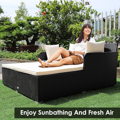 Tangkula Outdoor Rattan Daybed, Wicker Furniture with Spacious Seat, Upholstered Cushion & High-Resilience Sponge, Patio Sofa Set with 4 Pillows, 2-Person Sunbed for Poolside Backyard Garden & Balcony