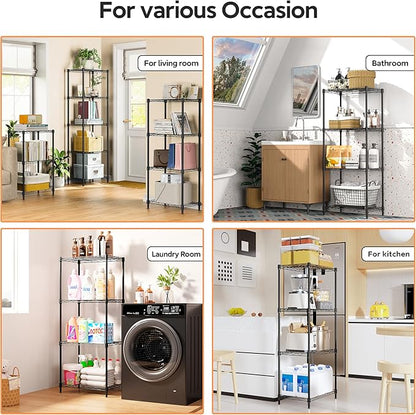 4 Tiers Shelf Metal Storage Shelves Wire Rack Closet Organizers with Wheel for Garage Kitchen Bathroom Laundry Black 11.8" D x 17.7" W x 41.9" H