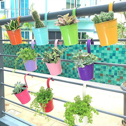 LaLaGreen Hanging Planters Outdoor -10 Pack, 6 Inch Colorful Large Metal Flower Pot, Balcony Planters Railing Hanging Herb Garden Iron Hanging Plant Buckets for Fence Rail Deck Porch Outside Wall