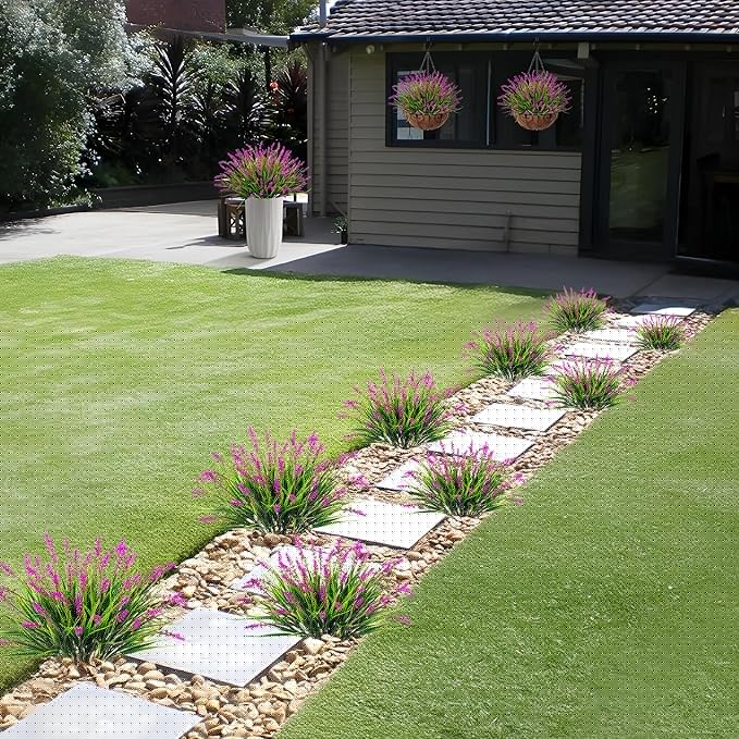 Artificial Flowers Faux Plants for Outdoor Decoration, 12 Bundles Fake Monkey Grass for Home Garden Front Porch Balcony, Lavender Flowers Shrubs UV Resistant No Fade Greenery Bush Planter (Lotus)