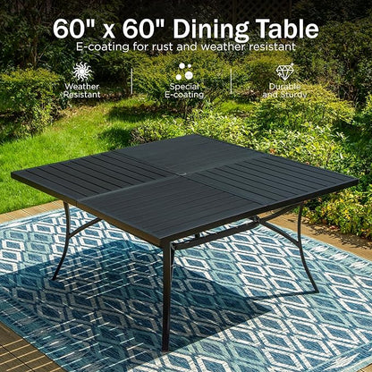 PHI VILLA 9 Pieces Outdoor Dining Set for 8, 60" Square Black Metal Table with Umbrella Hole & Wrought Iron Chairs, All Weather Outside Furniture with Blue Cushions & Pillows for Patio, Deck, Porch