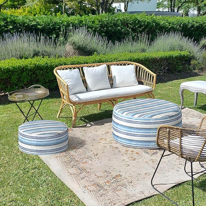 LVTXIII Inflatable Stool Ottoman Footrest with Handle, Decorative Fade-Resistant Foot Stool, Indoor or Outdoor Pouf for Home Garden and Camping Use, D21 x W 21 x H9, Stripe Layered Blue
