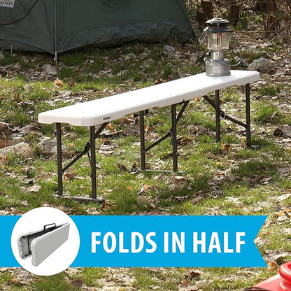LIFETIME Portable Folding Bench, 6‑Foot Fold‑in‑Half, UV‑Resistant Seat, Powder‑Coated Steel Frame, Lightweight, Stain‑Resistant, Non‑Marring Foot Caps, Indoor/Outdoor Portable Seating