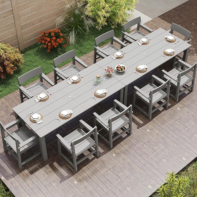 12-Piece HIPS Patio Dining Set for 10 Person Outdoor Dining Sets with Umbrella Hole Tables and Chairs Furniture Set All Weather Proof for Garden, Backyard, Poolside