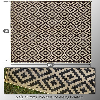 SAND MINE Reversible Mats with Led Strip Lights, Plastic Straw Rug, Modern Area Rug, Large Floor Mat for Outdoors, Patio, Backyard, Deck, Picnic, Camping, Black & Beige, 8' x 10'