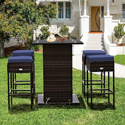 Tangkula 5 Piece Outdoor Rattan Bar Set, Patio Bar Furniture with 4 Cushions Stools and Smooth Top Table with Hidden Storage Shelf, Outdoor Conversation Set for Poolside, Backyard, Lawn (Navy Blue)