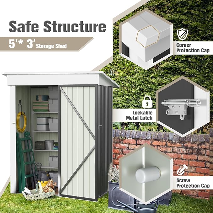Storage Shed 5 x 3 FT Metal Outdoor Shed with Lockable Door, Gray