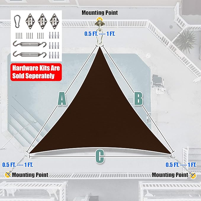 Amgo 18' x 18' x 18' Brown Triangle Sun Shade Sail UPF50+ Canopy Awning AGSLT, 95% UV Blockage, Water & Air Permeable, 200GSM Heavy Duty Commercial and Residential (We Make Custom Sizes)