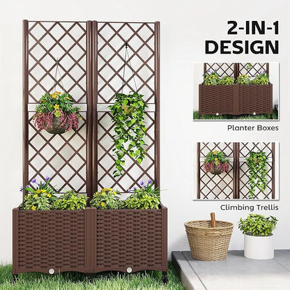 Outsunny Planter Box with Trellis, Self Watering Raised Garden Bed with Lockable Wheels, 56.3" Trellis Privacy Planter with Drainage Holes for Climbing Plants, Vines, Vegetables, Flowers, Brown