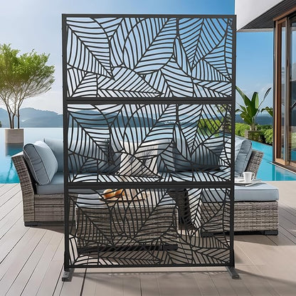 Casaphoria 72" H x 47" W Metal Outdoor Privacy Screen, Freestanding Decorative Divider for Patio, Deck, Balcony, and Garden with Stable Base, Black Leaves