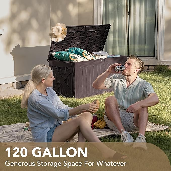 Deck Box 120 Gallon Resin Outdoor Storage, Lockable, Deep Brown