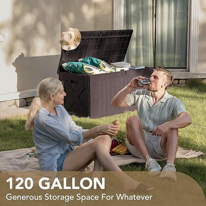 Deck Box 120 Gallon Resin Outdoor Storage, Lockable, Deep Brown