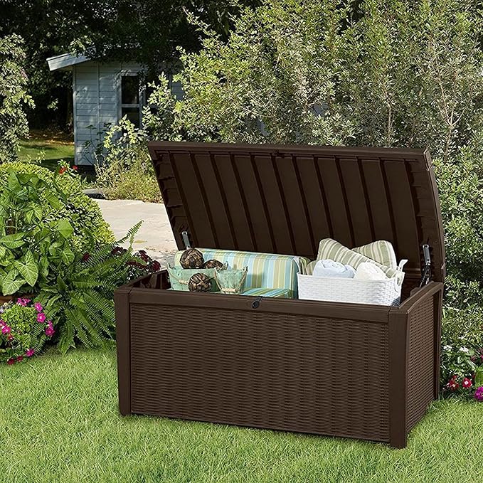 Deck Box, 110-Gallon Brown Resin Storage with Lockable Lid