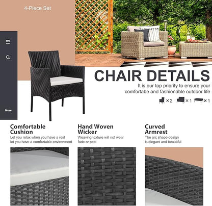 Shintenchi 4 Piece Outdoor Patio Furniture Sets, Small Wicker Patio Conversation Furniture Rattan Chair Set with Tempered Glass Coffee Table for Backyard Porch Garden Poolside Balcony,Black