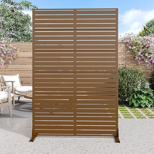 Casaphoria Metal Privacy Screen Outdoor, 72" H x 47" W Freestanding Decorative Privacy Screen for Patio Deck Balcony Garden with Stable Base, Brown-Louvered