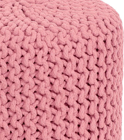 COTTON CRAFT Braided Round Pouf - Hand Knitted Cotton Cord Cable Dori Cylindrical Ottoman - Foot Stool - Floor Pouf - Footrest - Accent Seat - Living Room Bedroom Dorm Décor - 15 Round x 16 H - Pink