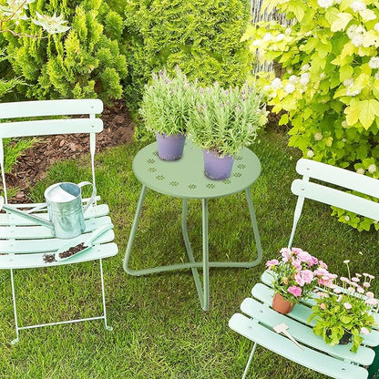 danpinera Outdoor Side Tables with Flower Cut Outs, Weather Resistant Steel Patio Side Table, Small Round Outdoor End Table Metal Side Table for Patio Yard Balcony Garden Green