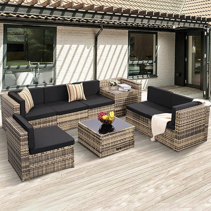 8-Piece Patio Furniture Set, Outdoor Wicker Rattan Sectional with Thick Cushions, Glass Top Table with Hidden Storage, Outdoor Conversation Set for Backyard, Porch, Patio, Black