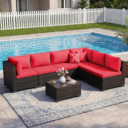 LEVELEVE 7 Pieces Outdoor Patio Furniture Sets,Rattan Conversation Sectional Set,Manual Weaving Wicker Patio Sofa with Tea Table