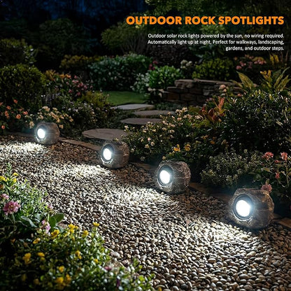 Solar Rock Lights Outdoor Garden Waterproof - Super Bright LED Solar Spotlights, Solar Powered Landscape Path Decorative Garden Stone Lights for Pathway, Walkway, Yard, Patio (4 Pack)