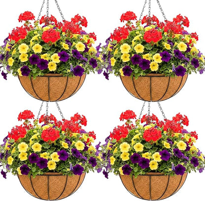 Metal 10 inch Round Planter, 4 Pack Hanging Wire Basket with Coco Fiber Liners, for Outdoor Plants Decoration