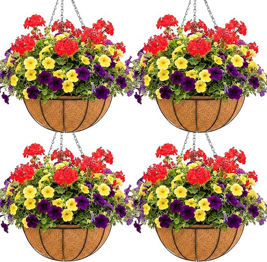 Metal 10 inch Round Planter, 4 Pack Hanging Wire Basket with Coco Fiber Liners, for Outdoor Plants Decoration
